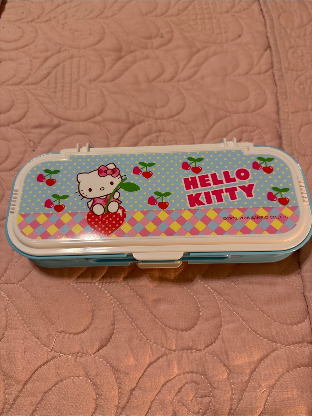 Sanrio Hello Kitty Light Blue Cherry Pencil Case with Pink Accents